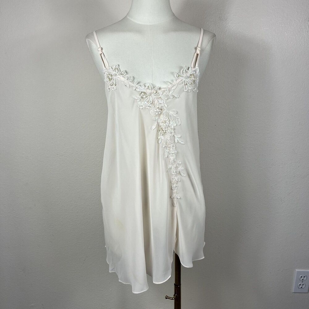 Y2K Dentelle Babydoll Lingerie Womens Large Beige Sheer Beaded Lace Fairycore